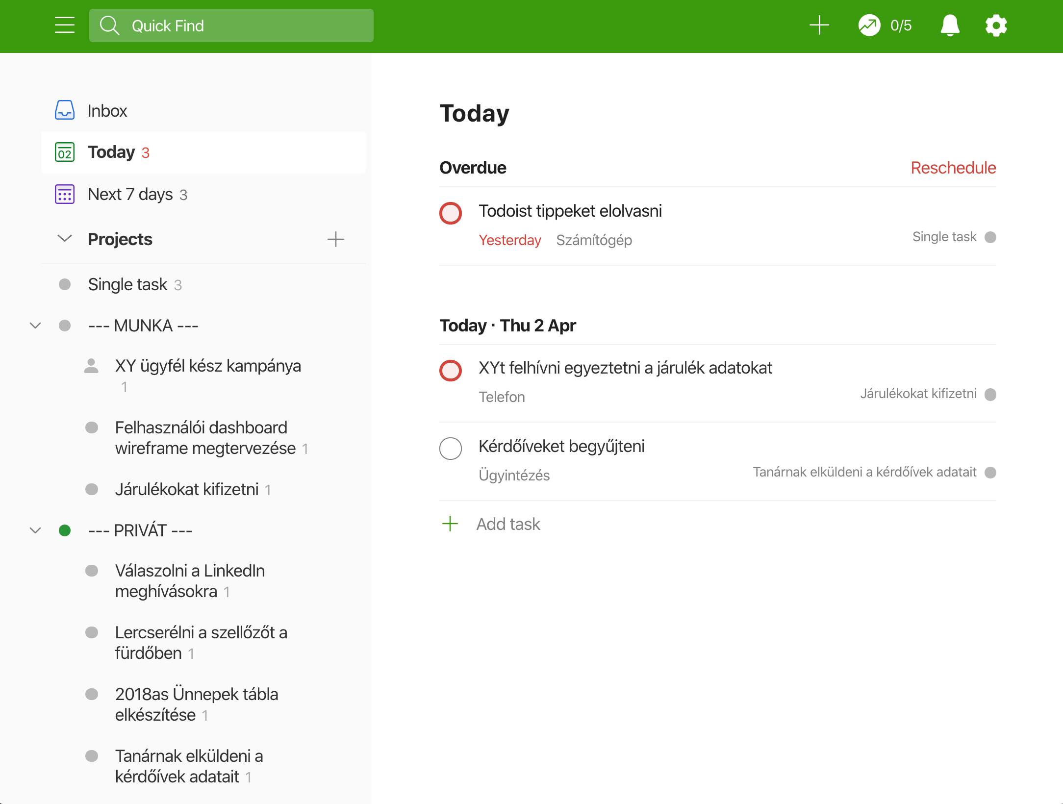 Hogyan használd a Todoist rendszerét? 1 Így néz ki egy felépített Todoist fiók.